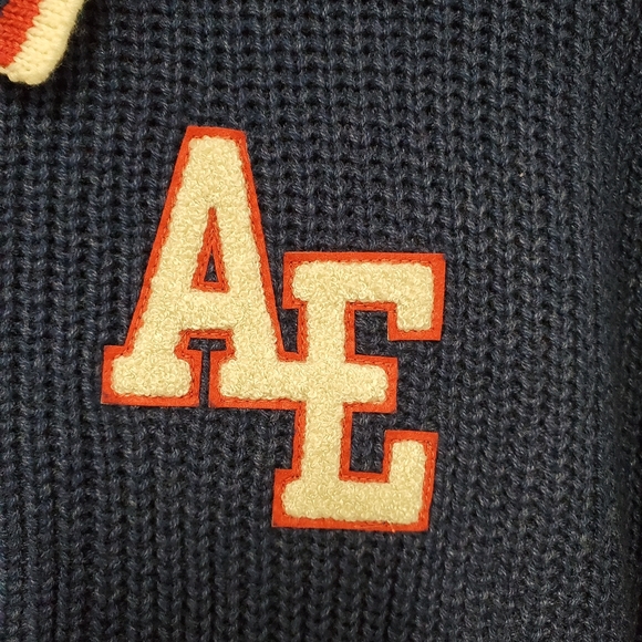 American Eagle Varsity Cardigan Sweater XL Blue White Striped Collared Preppy - Picture 7 of 13